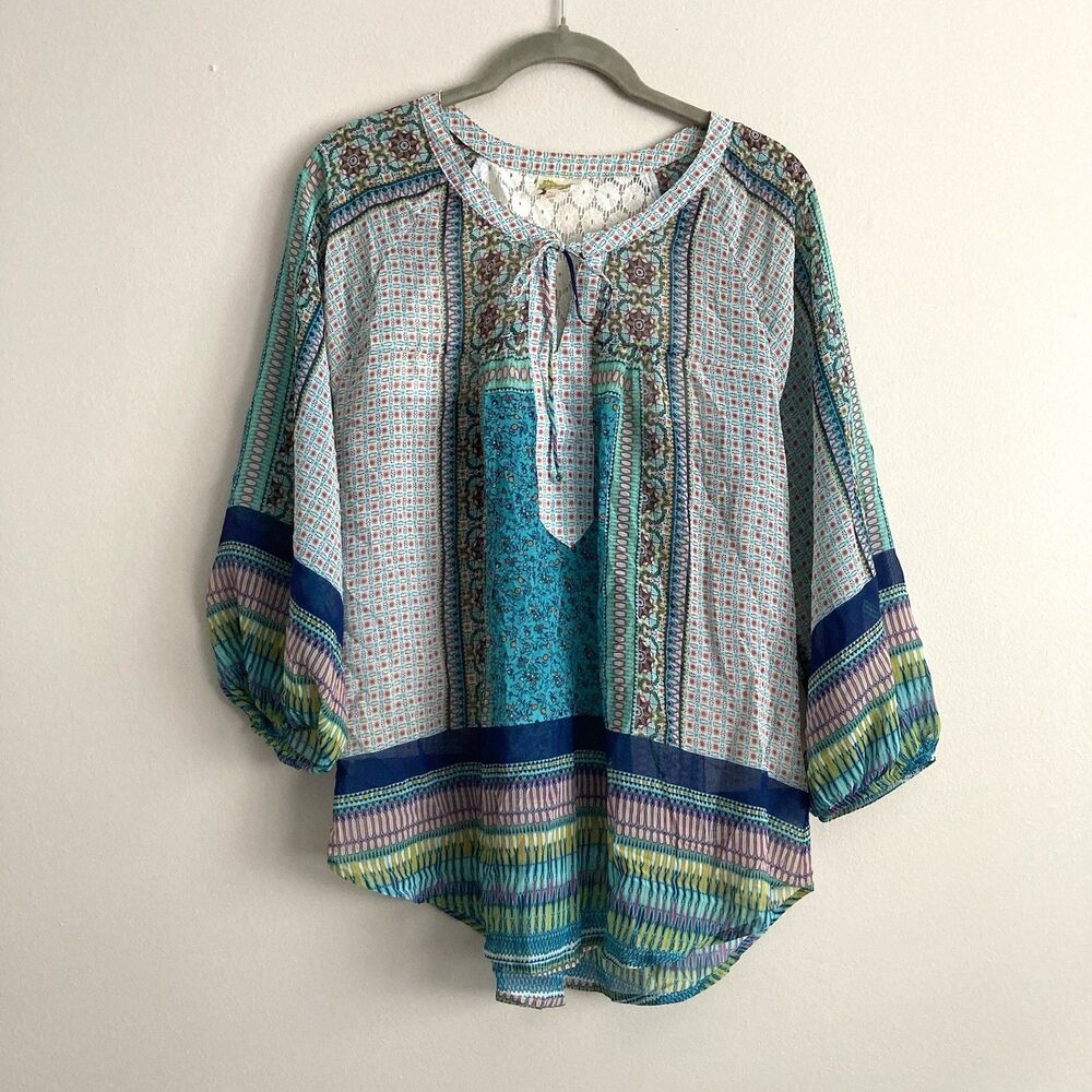 FIG & FLOWER Anthropologie Boho Mixed Media Blouse Size Medium Peasant Festival